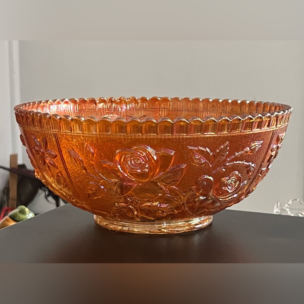 Vintage 1930s  Imperial EAPG Marigold Carnival Glass  Bowl 3D Rose Pattern